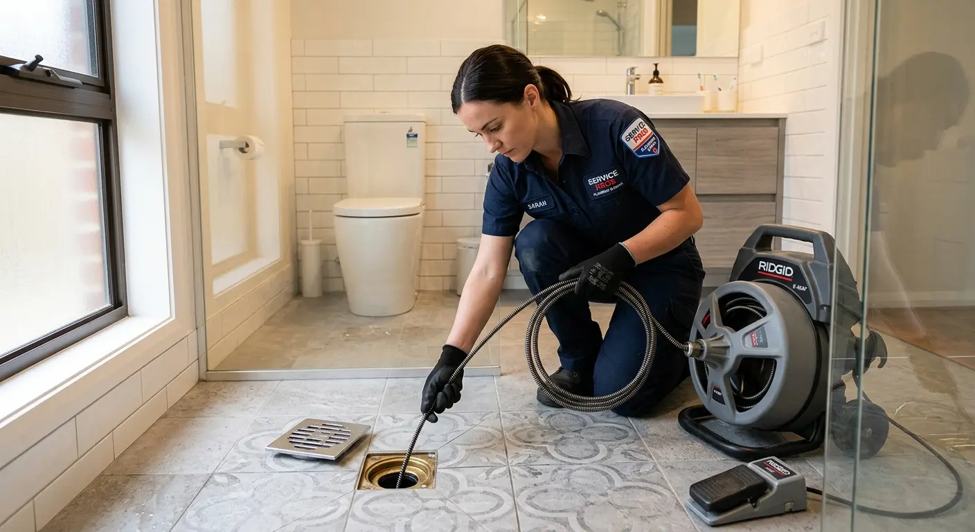 Technician clearing a bathroom floor drain for Sewer Line Replacement in Franklin